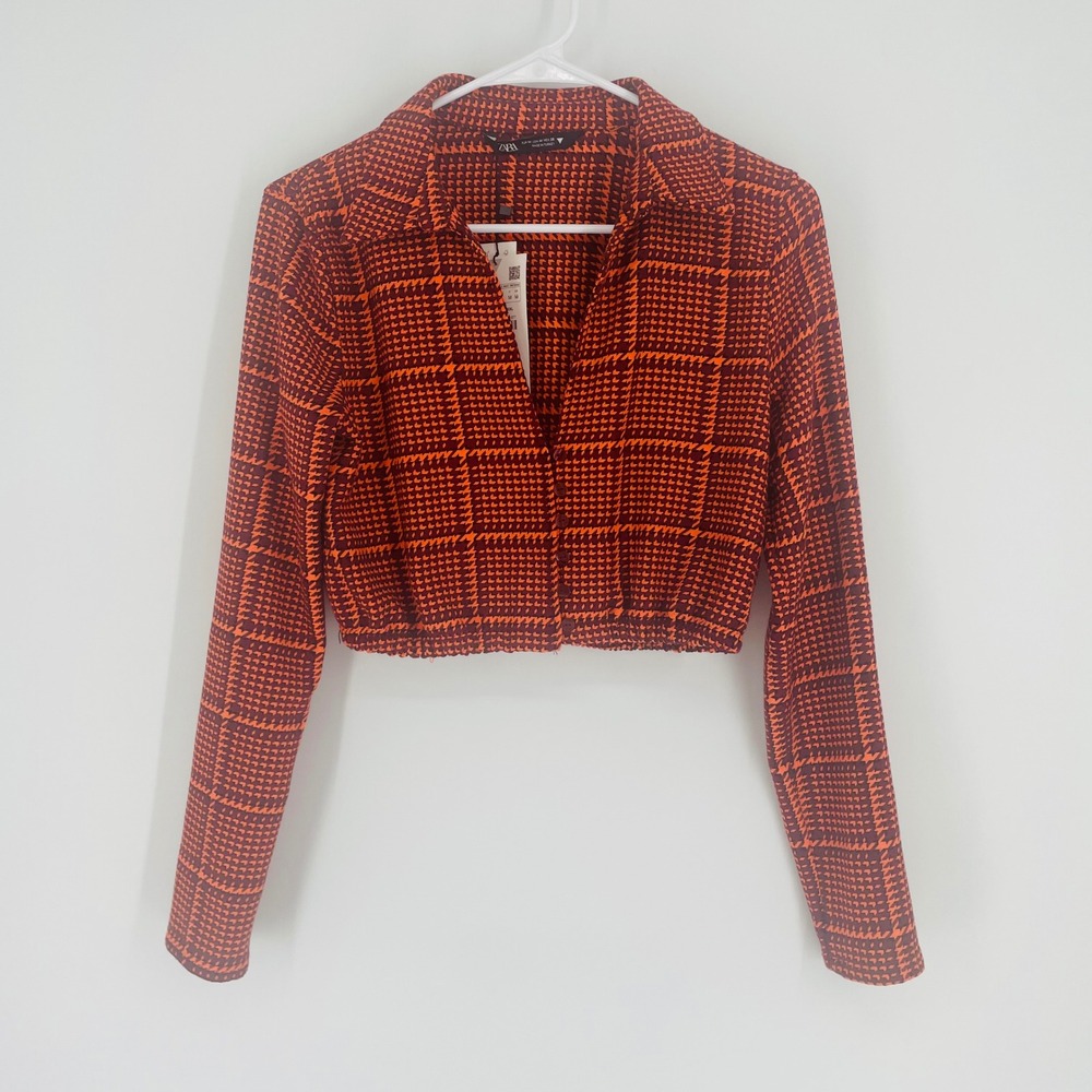 Zara Orange Burgundy Houndstooth Plaid Cropped Button Front Top size M NWT Retro